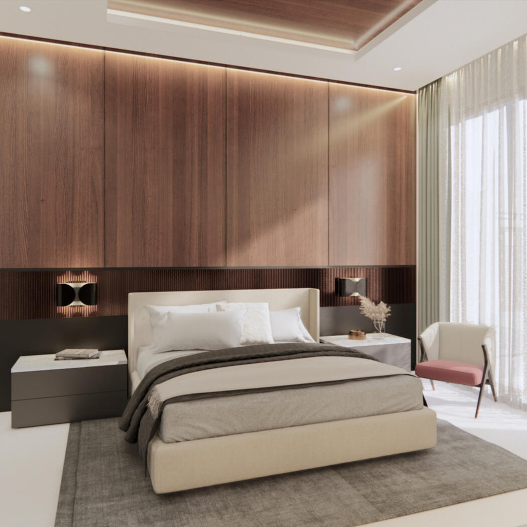 design of a simple yet elegant bedroom, with woodgrains and stools