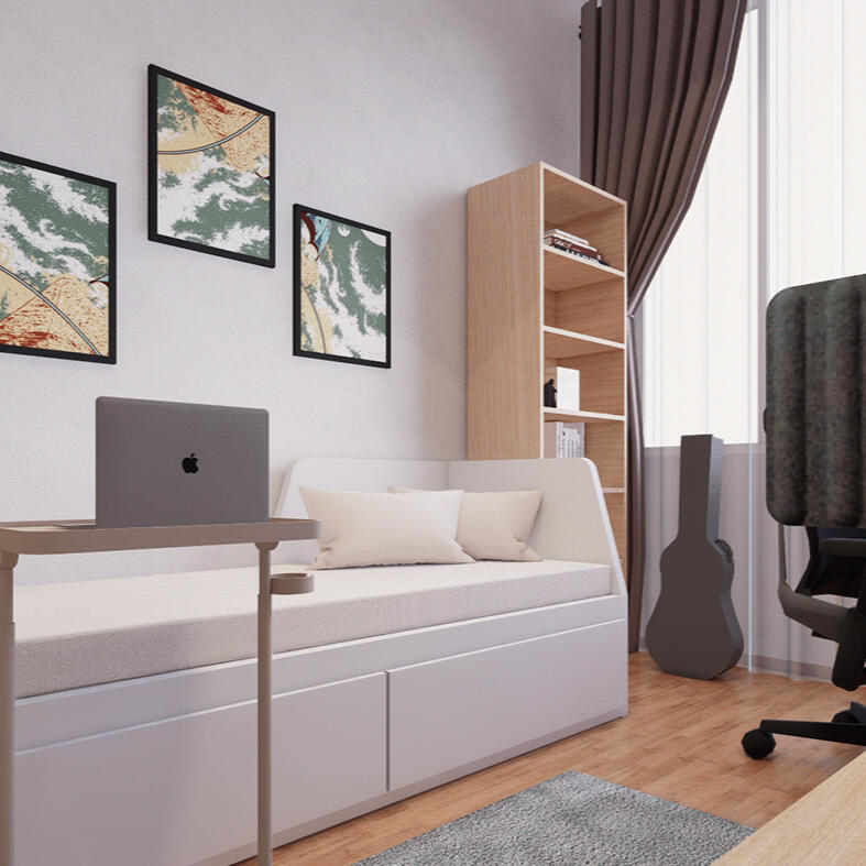 design of an apartment work space, with guitar, laptop and sofa bed